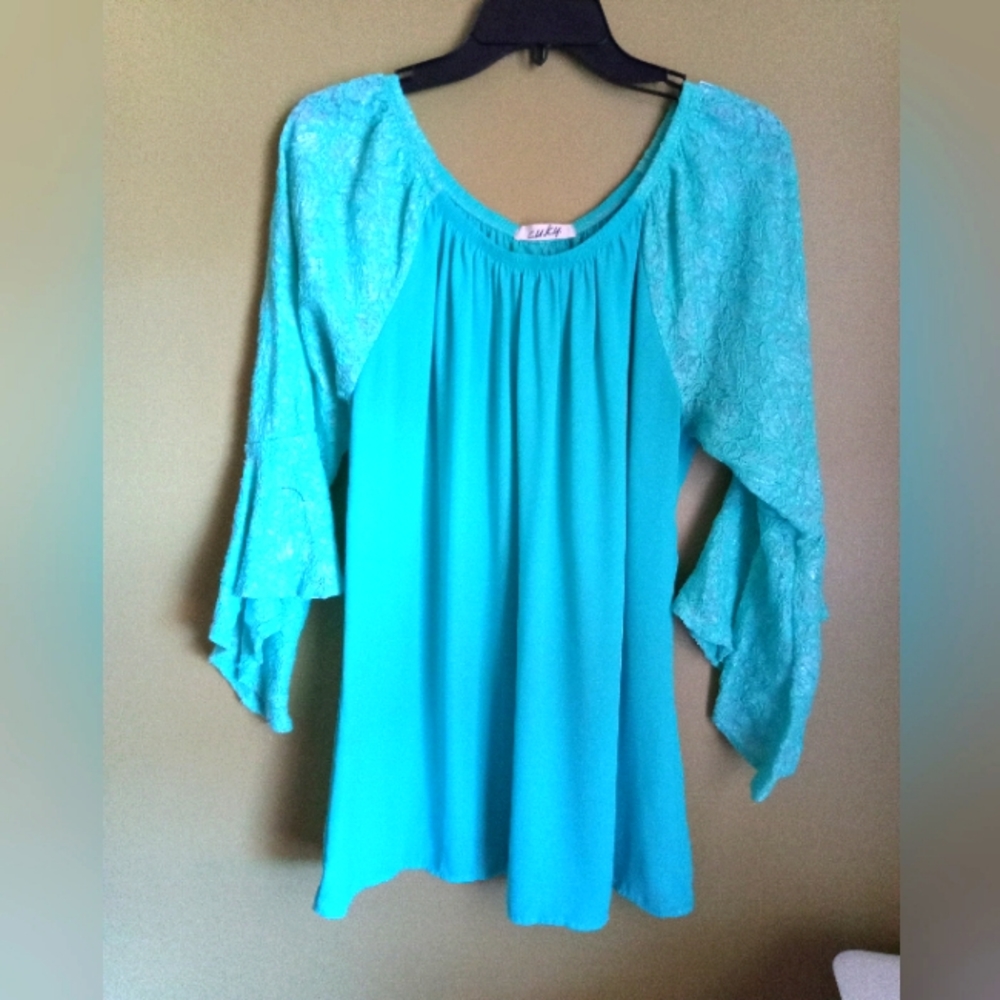 C.U.K.Y. Blue Silk Quarter Sleeve In Lace Blouse Women's Medium
